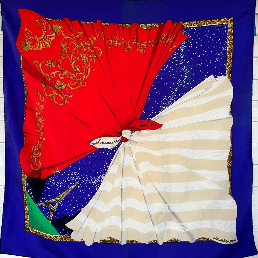 ❌Sold❌Hermes Souvenirs de Paris by Hilton McConnico 90 cm 💯% Silk Blue& Red wrap